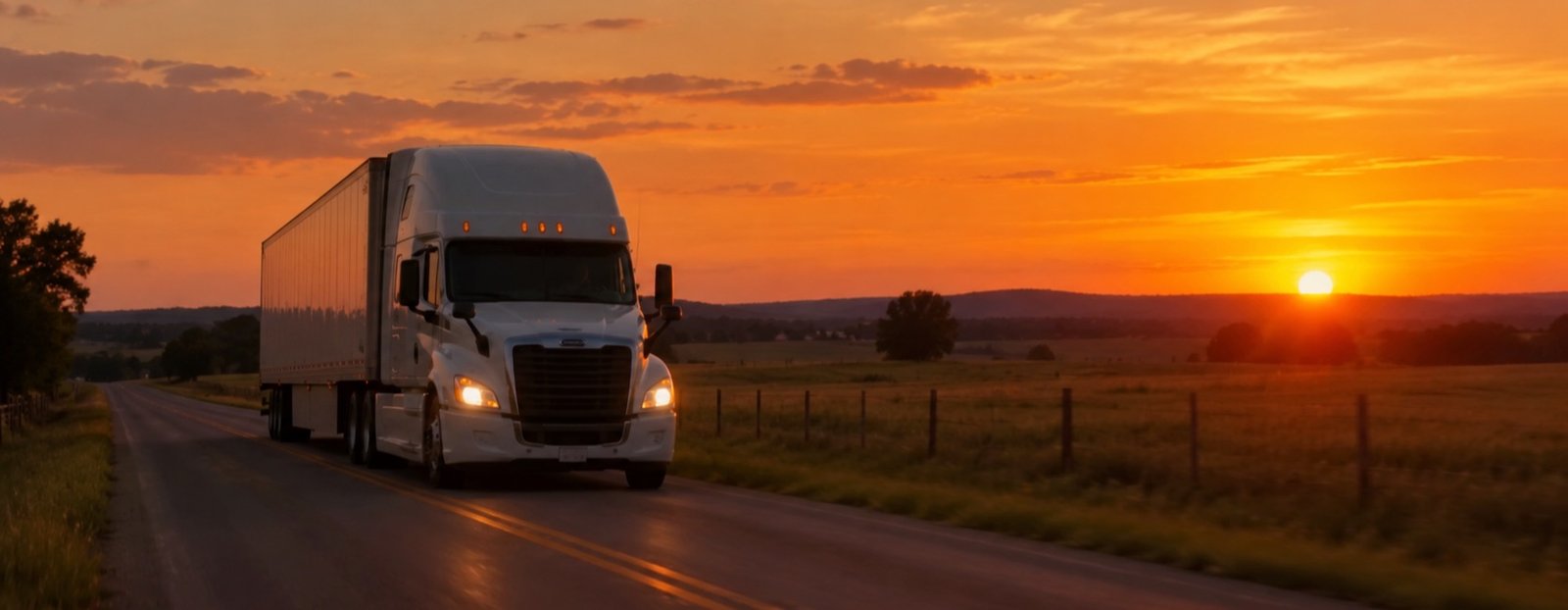A white semi truck with a dry van trailer driving a country highway at sunset past Midwest farmland